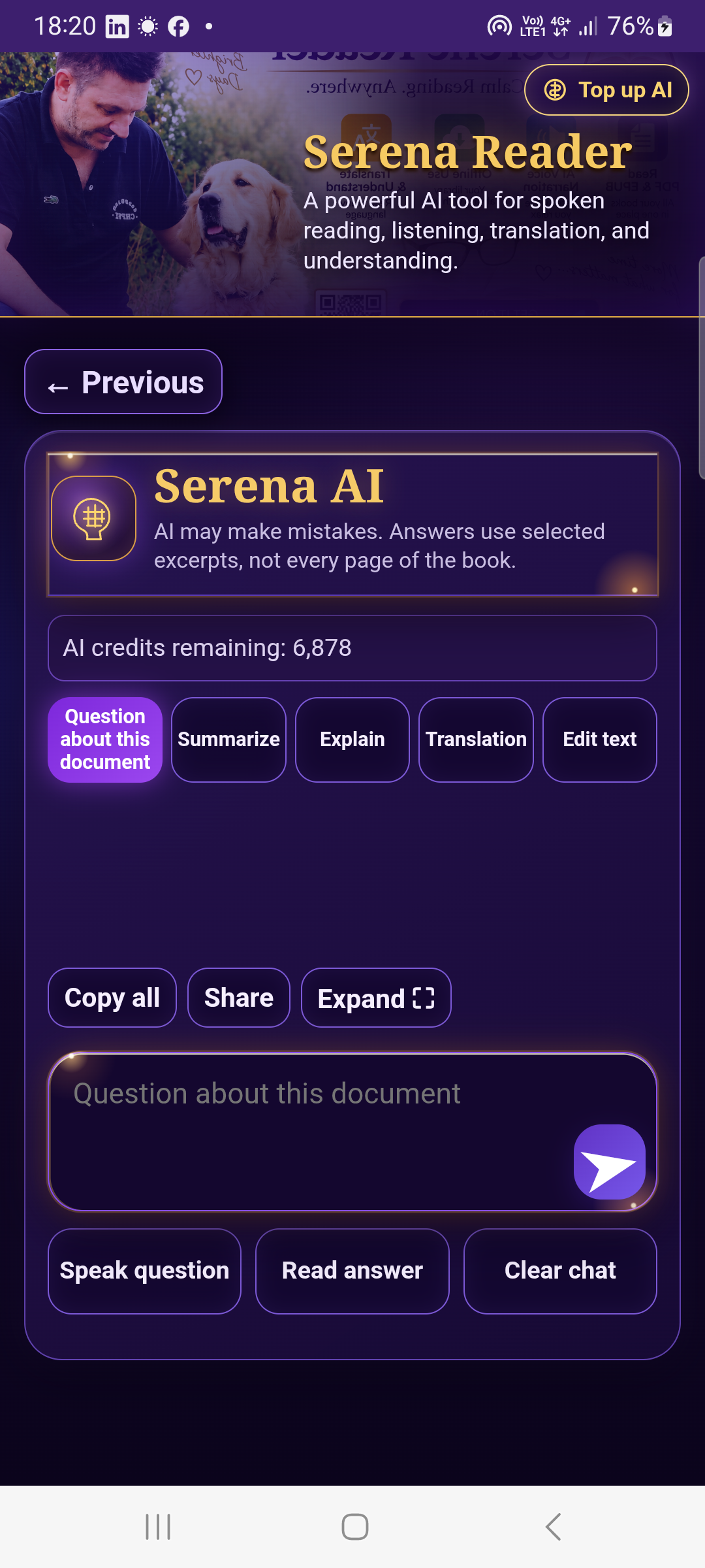 Pantalla Real Serena Reader 3.0.9 en aquest idioma de la interfície en un telèfon Samsung Android.