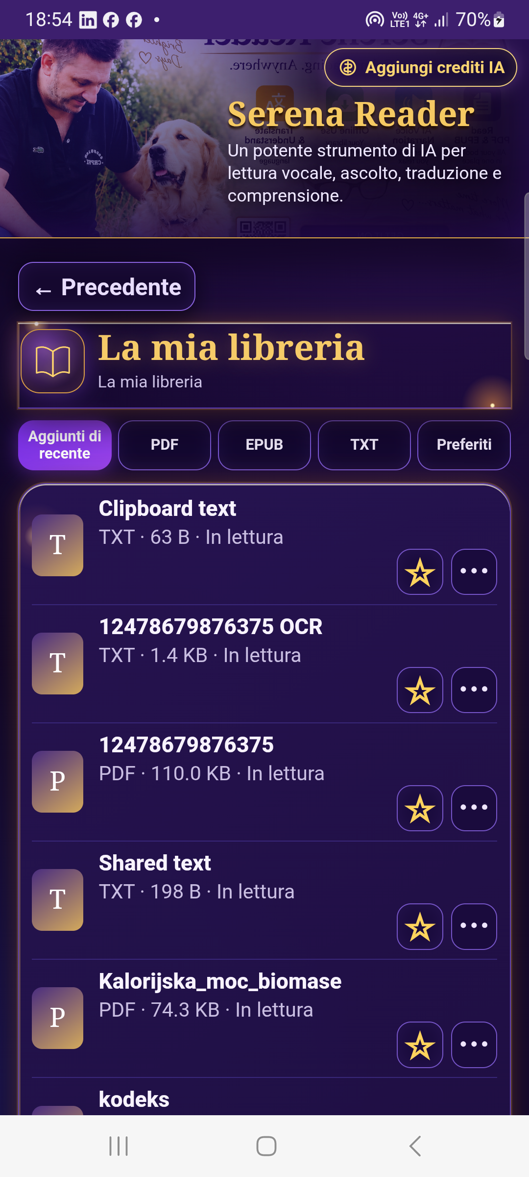 Schermata Real Serena Reader 3.0.9 in questa lingua di interfaccia su un telefono Samsung Android.